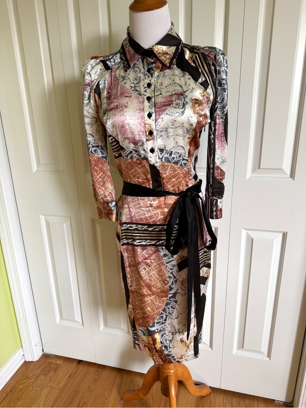 Just Cavalli Multicolor Silk Abstract Midi Dress with Black Sash 6/42